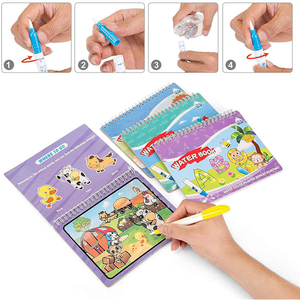 4 Magic Water Piirustuskirjaa Värityskirjat 4 Magic Pen baby opetuslelulla