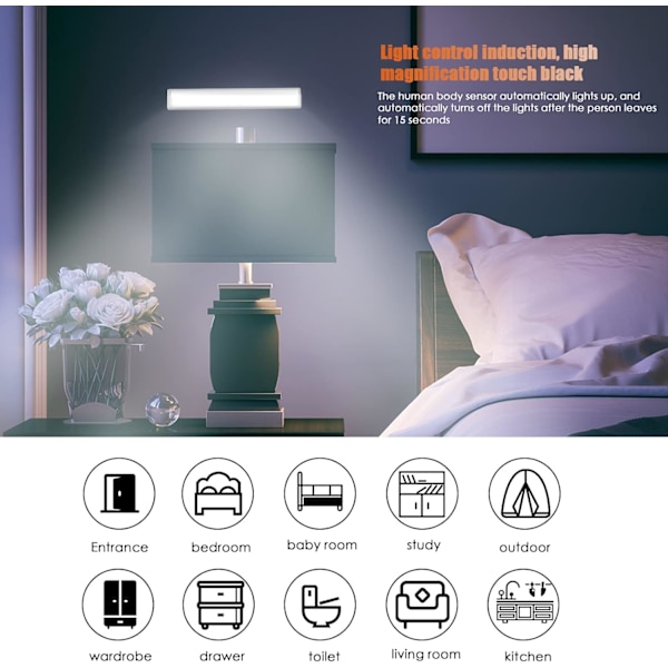 Pakke med 2 LED-bevegelsessensor skaplys med magnetisk stripe, 10 LED nattlys lysstrimler skaplys, skaplys for kjøkken