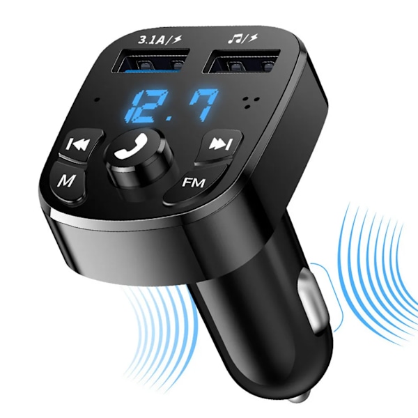 Bluetooth FM-sender for bil, blå omgivelseslys trådløs radiomottakeradapter med håndfri, dobbel USB-lader 5V/3.1