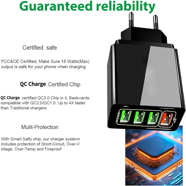 QC3.0 hurtiglading 4USB multi-port reiselader Ultra-hurtig lading, fungerer for alle smarttelefoner