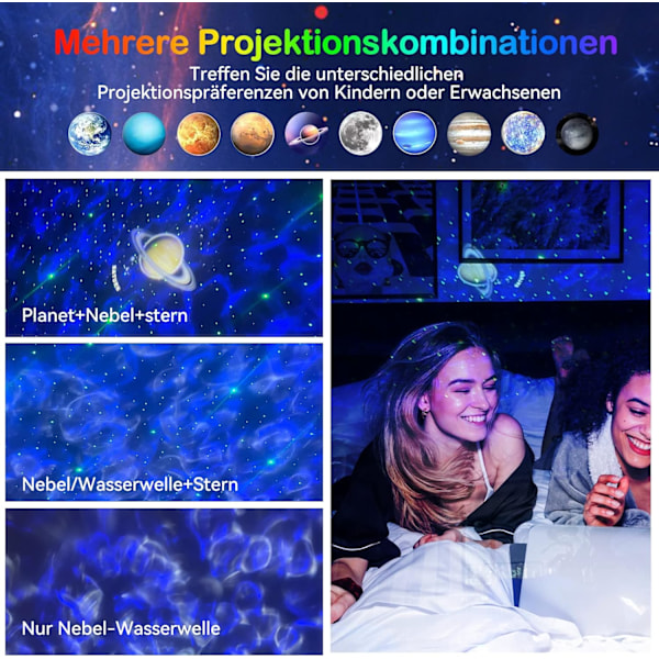 Stjernehimmelprojektor, romprosjektor, planetprosjektor, 3-i-1 bølgegalakseprojektor, fjernkontroll nattlys, musikkspiller med Bluetooth