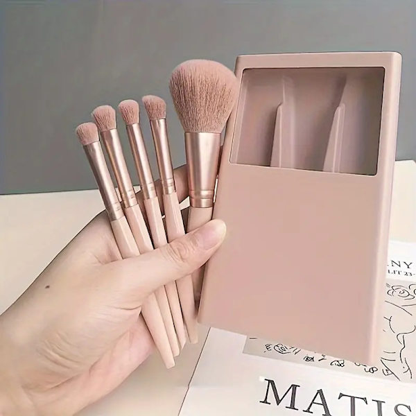 Nemt at bære rejse makeup børste sæt, 5 bærbare makeup børster med opbevaringsboks og spejl kosmetisk børste