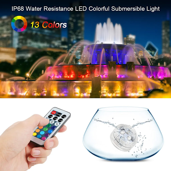 Pakke med 12 LED RGB undervannslys med fjernkontroll【13 farger, 3 lysmoduser】IP68 vanntett