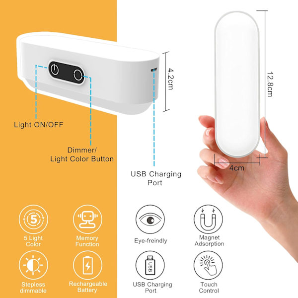 LED touch-dæmpbar under-skab-lys med 5 lysfarver USB genopladelig skabsbelysning køkkenlampe 2000mAh skabslys med magnet lysbjælke