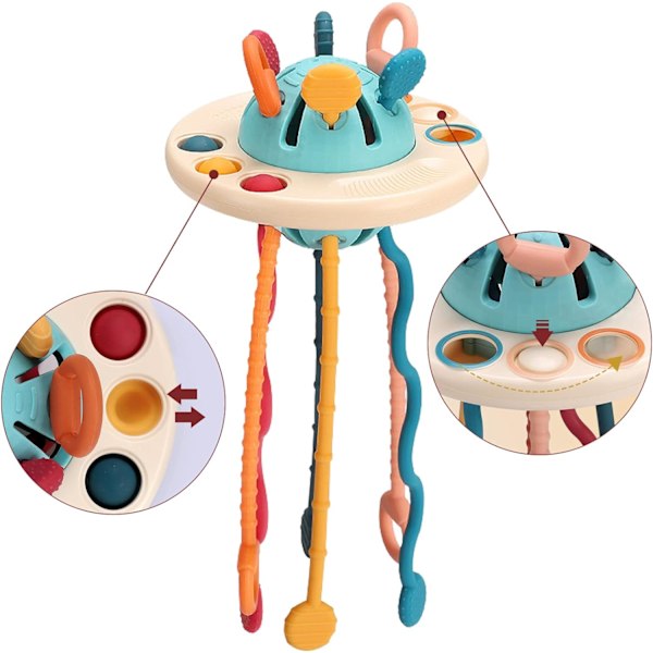 Sensory Baby Toys Baby Tuntematon lentävä esine Silikoni Veto köysi Hampaiden lelu Pallo Catch 123-vuotiaille Varhaiskasvatus Matkailu