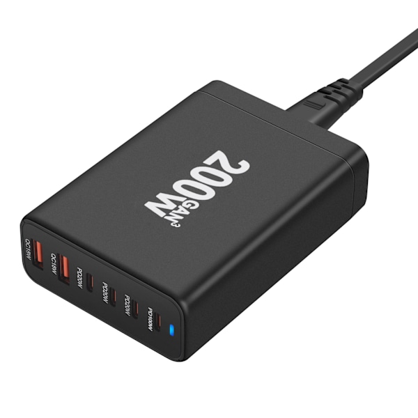 6-Ports Hurtiglader, Bærbar 200W USB C Laderstation Vægadapter, Kompakt Rejselader til iPhone 14 13 12 11 Pro Max Pixel Note Galaxy