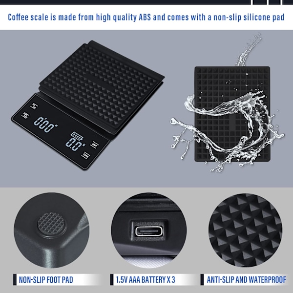 Digital kaffevåg med timer, 0,1 g/5 kg, hög precision köksvåg med stor LED-display, vattentät elektronisk våg för espressokaffe