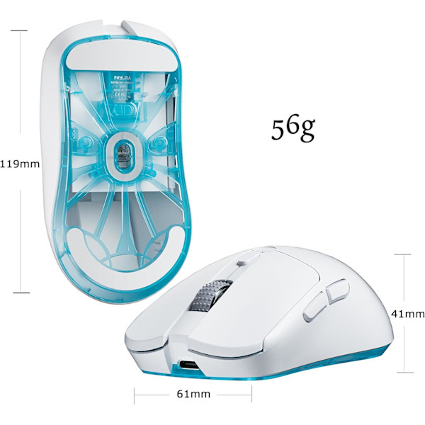 Trådlös spelmus 56g PAW3395 Ultralätt 26000DPI Programmerbar 1000Hz USB-C Trådbunden PC-möss 6 knappar för Mac, bärbar dator, PC