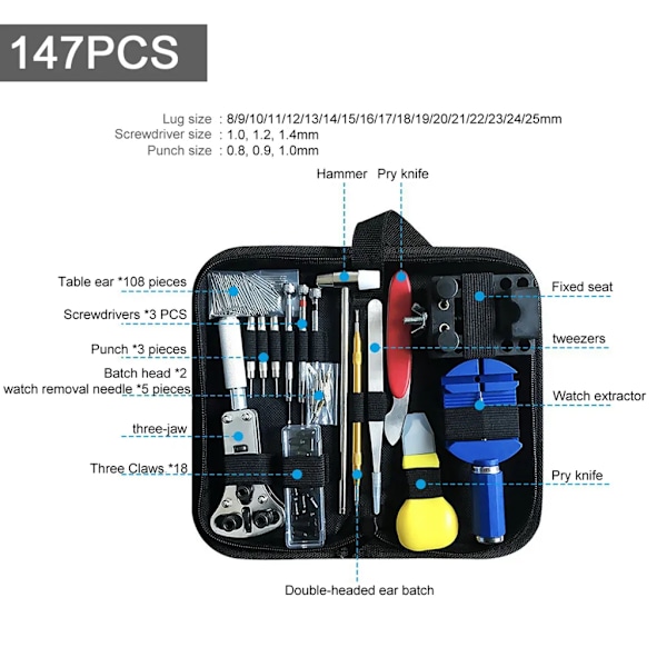 147-delars klockverktygssats, klockreparationssats, urmakarsverktyg, klockbaksidaöppnare, klockbatteribytesverktyg, professionell urmakarsats
