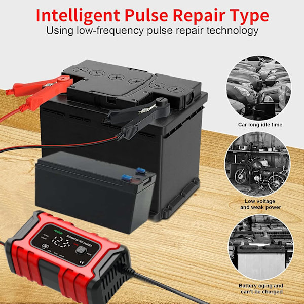 Bilbatterilader 12V, 6 Amp Automatisk Smartlader, Vedligeholdelseslader og -opretholder, Bilbatteri Reparation og Desulfator