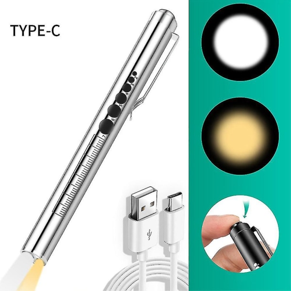 Penlight, LED-penlight för studenter, läkare och sjuksköterskor med 2 LED-ljuskällor, USB-laddningsbar, varmt och vitt ljus, fickklämma (silver)