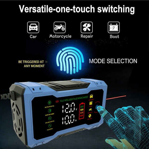 Auton akun latauslaite LED-näytöllä, 12V älykäs pikalataus, ylikuormitussuoja, sopii autoille, moottoripyörille ja veneille