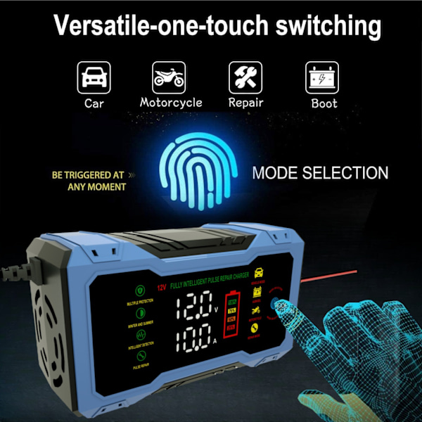 Bilbatterilader med LED-skjerm, 12V Intelligent Rask Lading, Overlading Beskyttelse, Egnet for Biler, Motorsykler og Båter