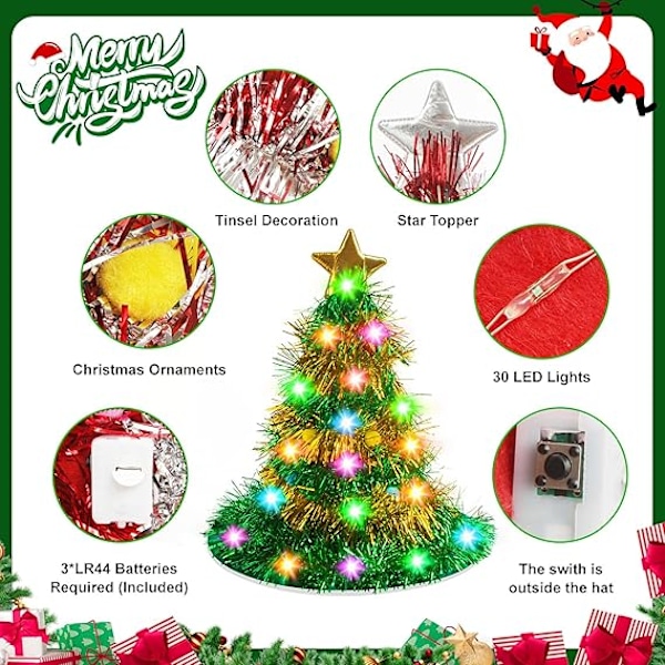 Julgranhatt - Julhatt, Julgranhatt med Ljus, Julhatt, 30 LED-lampor, Färgglada Ljus, Juldräkt
