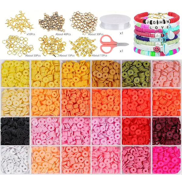 Lerpärlor, 4960 st platta runda distanspärlor, för armband, smyckestillverkningssats, örhängen, gör-det-själv-hantverk, julklapp (24 färger, 6 mm)
