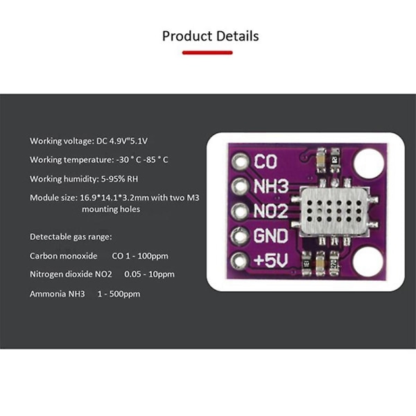 MICS-6814 Sensor Kolmonoxid CO NO2 NH3 Syrgas Detektering av luftkvalitet Numerisk sensormodul (lila)