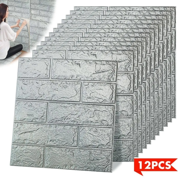 Paket med 12 3D wallstickers väggpaneler självhäftande tapeter, 35cm x 38,5cm vattentät tapet, stenlook, modern för badrum och sovrum
