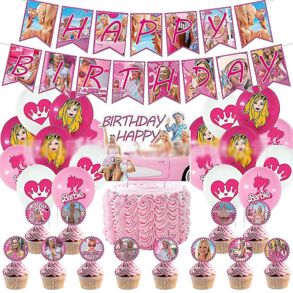 Barbie Filmtema Födelsedagsfest Rosa Dekoration Banner Set Cake Topper Cupcake Toppers Festival Decor Supplies _a