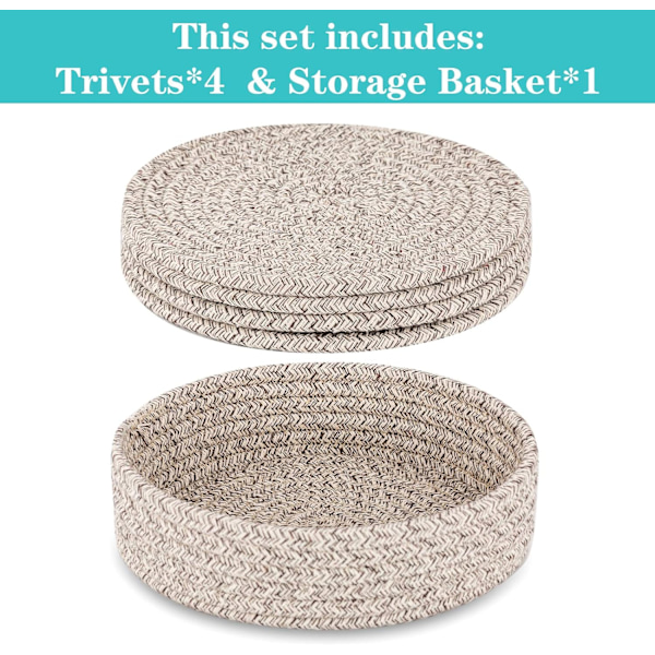 Gryteunderlag for varme retter, gryteunderlag for varme gryter og panner, varmeunderlag for benkeplater, 4 stk. og oppbevaringskurv 1 stk., grytekluter for kjøkken