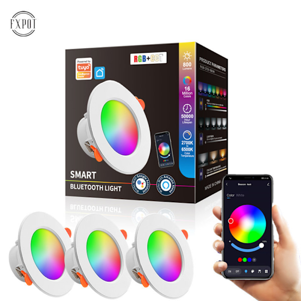 3-pack Bluetooth Smarta Downlights Tuya RGBCW Full Färg Dimning Alexa Röst/APP-kontroll