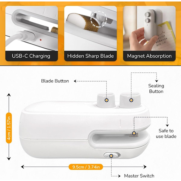 MINI PÅSEFÖRSLUTARE, Bevara Fräschhet och Minska Matsvinn, 2-i-1 Förseglare & Klippare, Laddningsbar, Snabb och Enkel