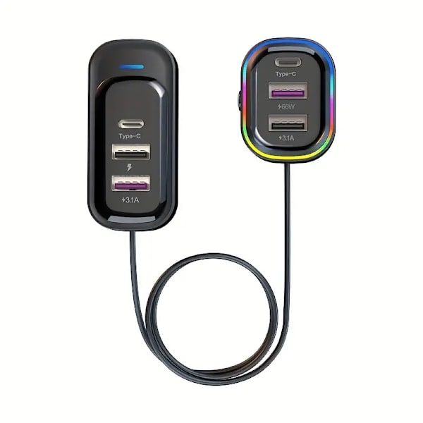 81W snabb billaddare, 6-portars fram- och baktillägg, samtidig laddning, 1 typ-C, 2 USB, 59,06\" förlängningskabelklämma