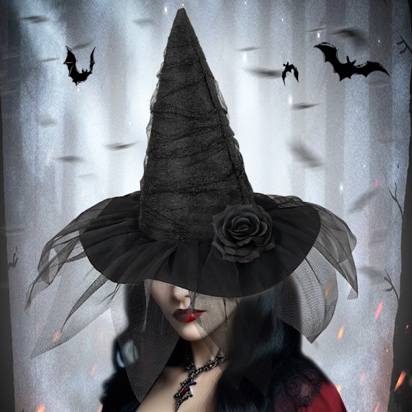 Halloween Heksehat, Ruched Heksehatte til Kvinder med Slør og Rose Troldmandshatte Halloween Kostume Tilbehør