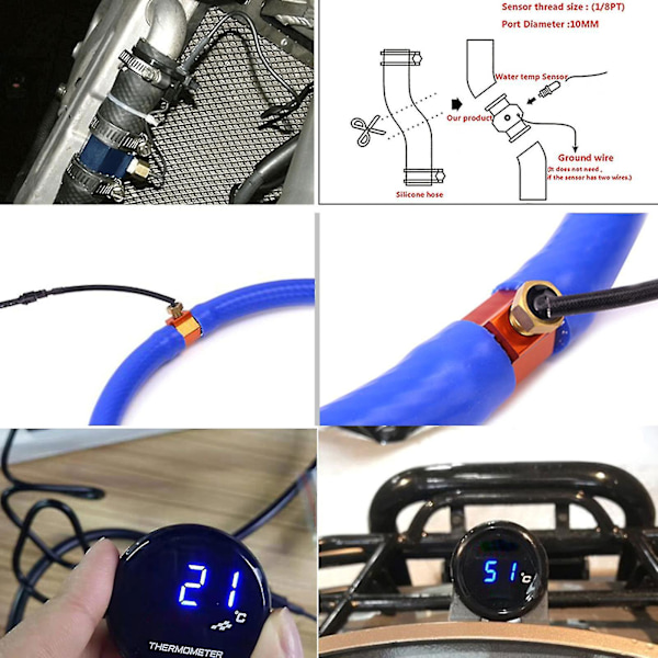 Universal Motorcykel Led digitalt termometer Vandtemperatur Temperaturmåler（18 mm stik，blåt lys）