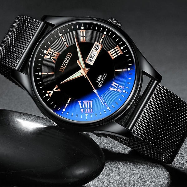 Vandtæt herreur i rustfrit stål Klassisk Quartz Luminous Business armbåndsur（Black Mesh Belt）