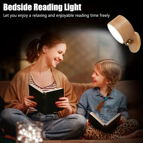 Trevegglampe i tre, LED-leselampe, dimbar vegglampe for soverom, stue 360° roterbar berøringskontrolllampe