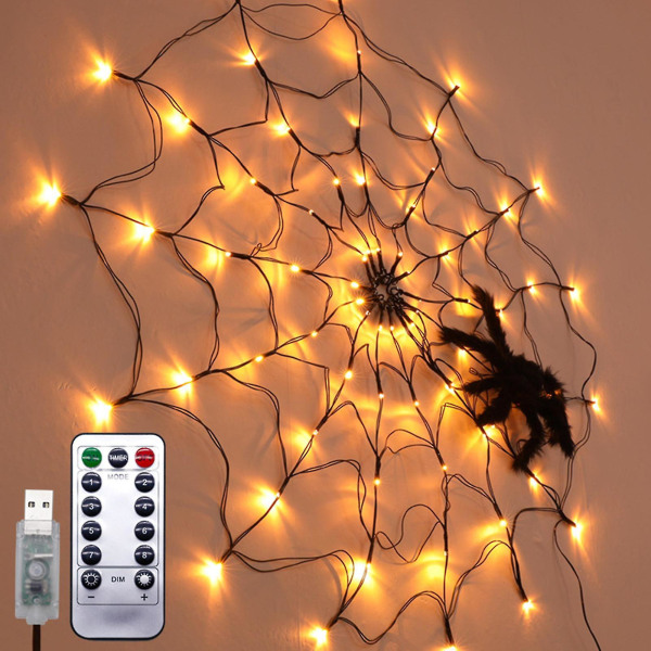 Led Spider Web Lamp med Fjärrkontroll Halloween Atmosphere Dekoration Rekvisita