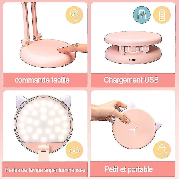 Led-lampe, Børnebordslampe, Katteøre Pink Pige sengelampe, Bordlamper Justerbar lysstyrke Børnebordslampe, Dæmpbart lys til læsning