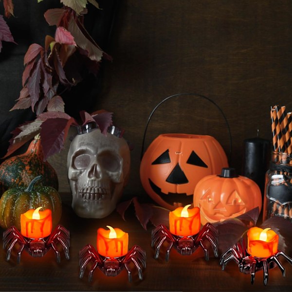 6 stk. Halloween-telys med LED-lys, batteridrevne Halloween-flammeløse LED-lys, Halloween-edderkopp-telys med spøkelsesaktig elektrisk flimrende falske lys