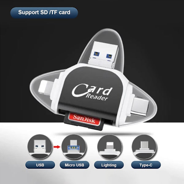 Multi-port 4 i 1 Universal Sd Tf-kortlæser, USB C Sd Tf-hukommelseskortlæser, Usb C Hub Multiport-adapter (sort)