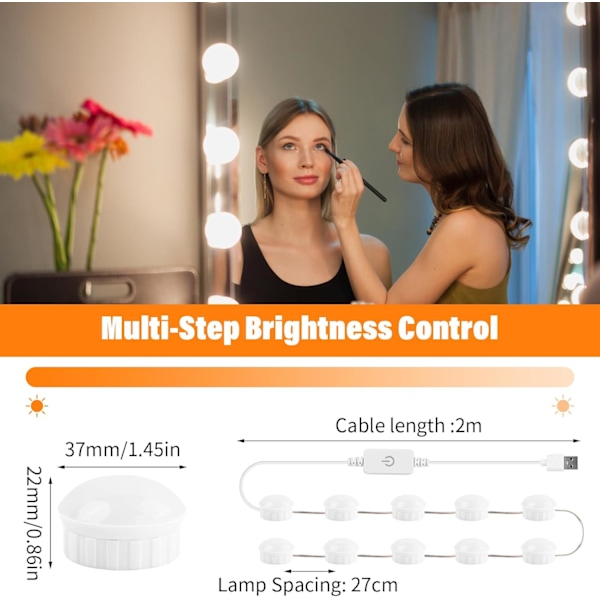 10 dimbare speil lys med 3 farger, LED sminke lampe, toalettbord lys, sminke lys, speil lampe for kosmetisk speil