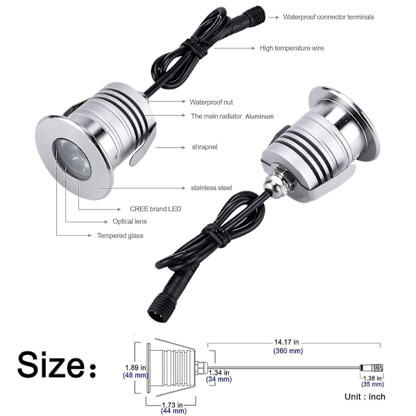 Vedenalaiset allasvalot, 3w, 12v-24v DC, ip68 Vedenpitävä, ruostumaton teräs alumiini, maan sisäisiin uima-altaisiin Portaat Lammiin suihkulähteisiin ja veneisiin (viileä valkoinen