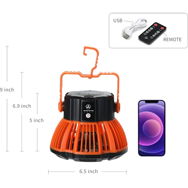 Campingvifte med LED, bærbar bordvifte med krok, 5200mAh ladestasjon utendørs powerbank, 3-trinns