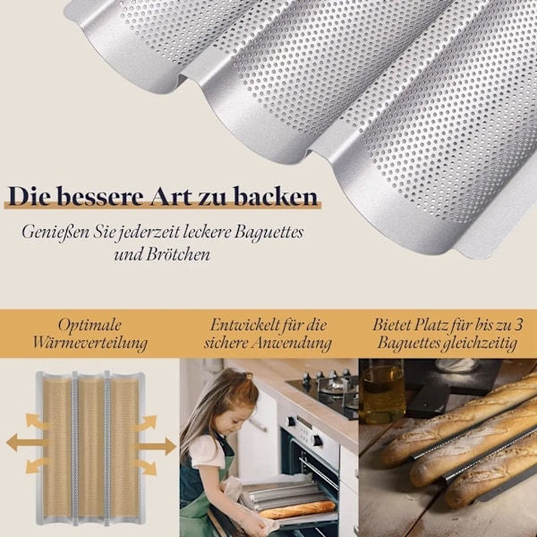 Baguettebakplåt för 2 baguetter, baguettebricka, baguetteform, brödbakningsform, baguettebricka, baktillbehör