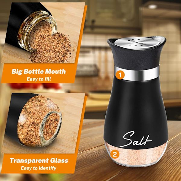 Salt- och Pepparkvarnar Set, 4 oz Glasbotten Salt- och Pepparkvarn med Rostfritt Stål Lock för Kök Gadgets Matlagning Bord, Husbil, Camping