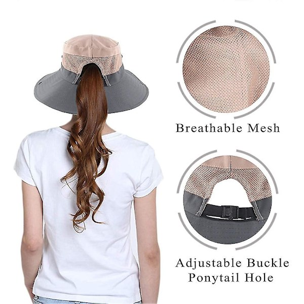Dame Sommer Mesh Bredskygget Sol UV Beskyttelseshat Med Hestehalehul（4）
