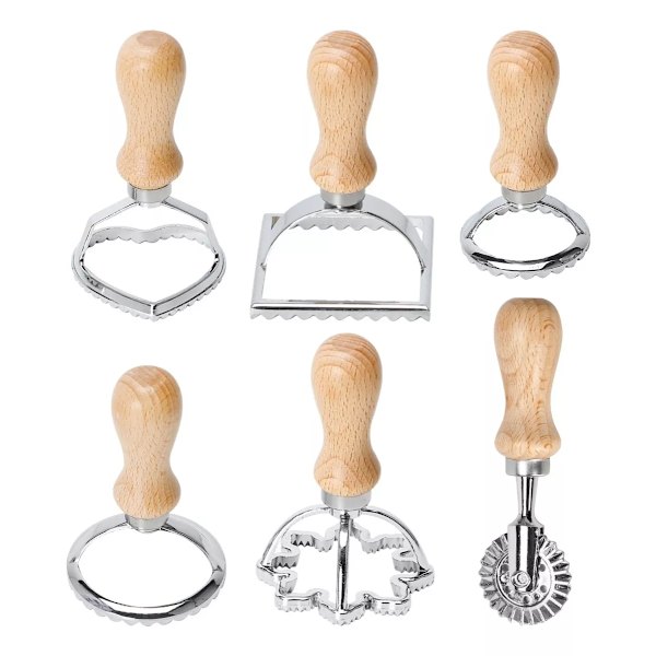6 stk. Premium trehåndtak muggform pastapresse holdbar kjeksform Ravioli stempel maker kutter med rullesett kjøkkenutstyr