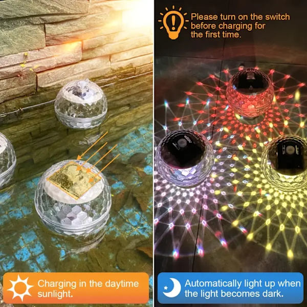 Paket med solcellslampor för pool, LED, automatisk uppljusning på natten, färgglad dimning, trädgårdshängande projektionslampor