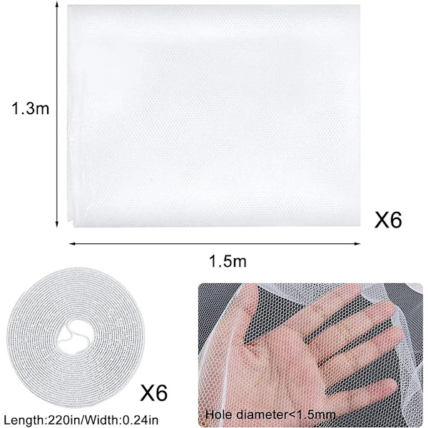 Pakke med 6 myggenet til vinduer, 130 x 150 cm fluenet til vinduer, insektbeskyttelse vinduesnet fluenet