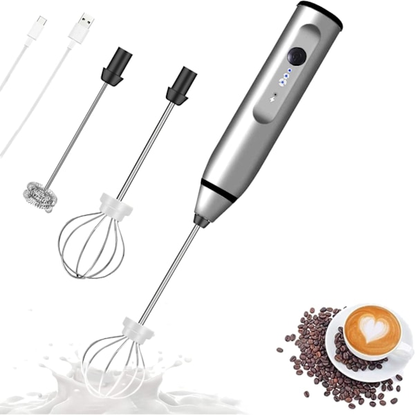 Rechargeable Milk Frother Handheld Electric Foam Maker with 2 Stainless whisks, 3-Speed Adjustable Mini Blender