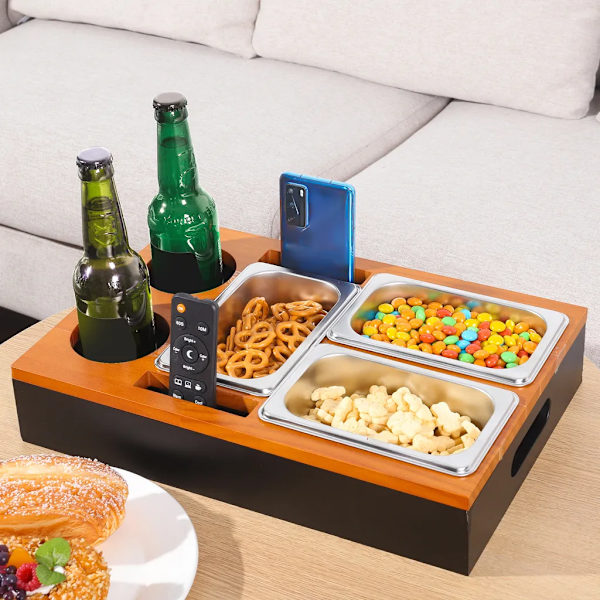 Serveringsbrickor, snacksbox, soffbord, snagger, snackbricka, sängbricka, soffarrangör med 3 skålar, mugghållare, trä, 39 x 26 x 8 cm