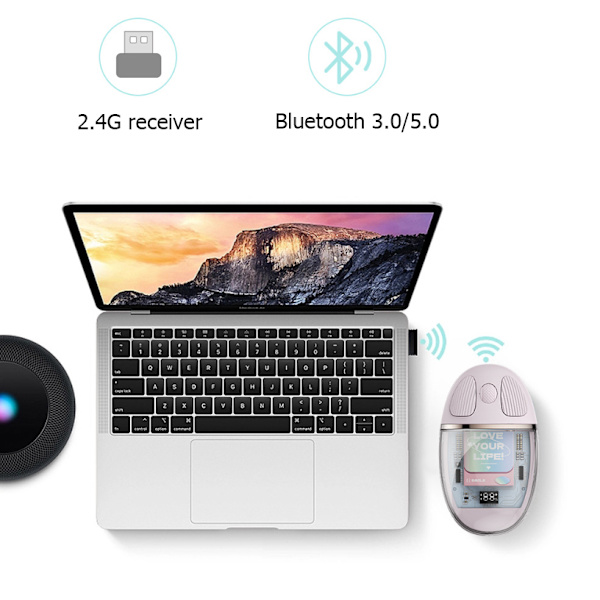 Bluetooth-mus, transparent, stille mus med USB-mottaker, oppladbar, bærbar mus for bærbar PC, PC, nettbrett, 32,8 fot overføringsrekkevidde