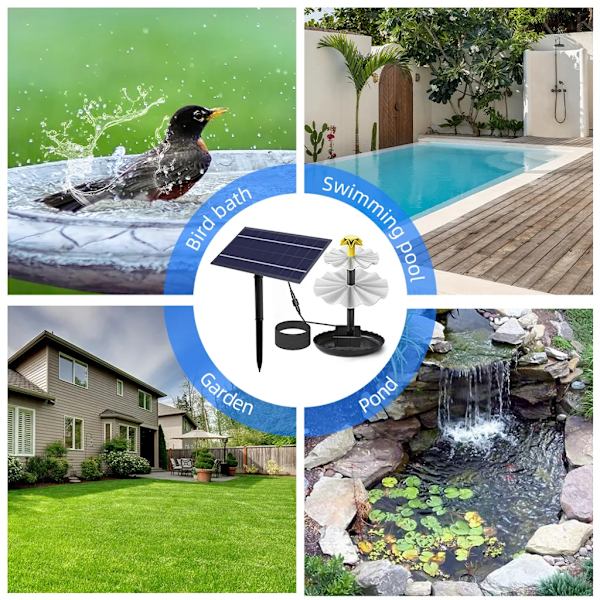 4 W solcelledrevet springvandspumpe til fuglebad med 9 dyser, solcelledrevet springvandspumpe til havedam, pool, akvarium, fiskebeholder og udendørsområde