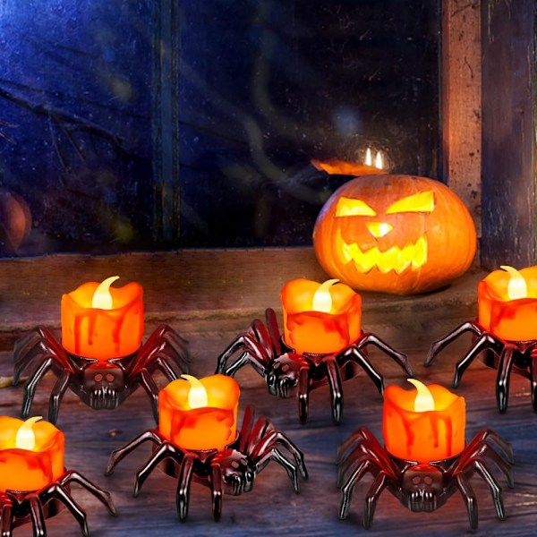 6 stk. Halloween-telys med LED-lys, batteridrevne Halloween-flammeløse LED-lys, Halloween-edderkopp-telys med spøkelsesaktig elektrisk flimrende falske lys
