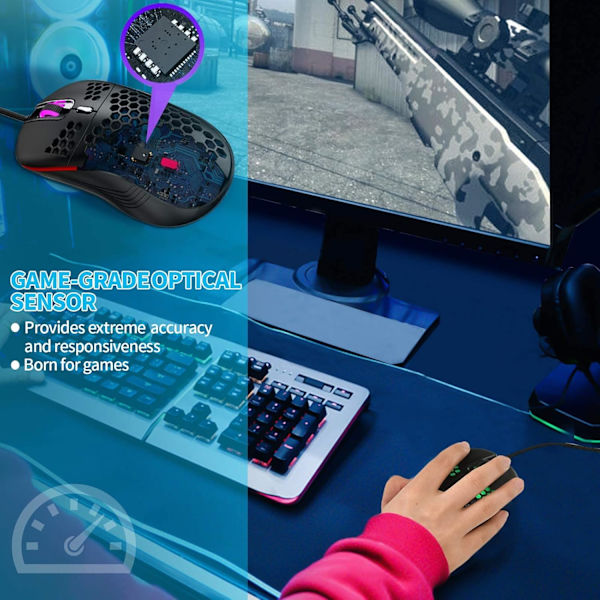 Trådbunden spelmus, RGB-bakgrundsbelysning och 7200 justerbar DPI, ergonomisk och lätt USB-datormus för Windows PC- och laptops-spelare