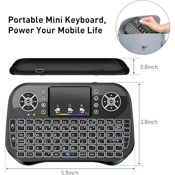 Mini trådløst tastatur med berøringsplate musekombo, 7 farger RGB bakgrunnsbelyst, for Android TV Box, Smart TV, Pad, PC, HTPC, nettbrett og Windows OS